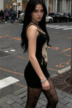 Skull Print Lace Trim Scoop Neck Sleeveless Bodycon Mini Dress