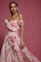 Pink Off Shoulder Sweetheart 3D Applique Floral Print A-Line Maxi Dress