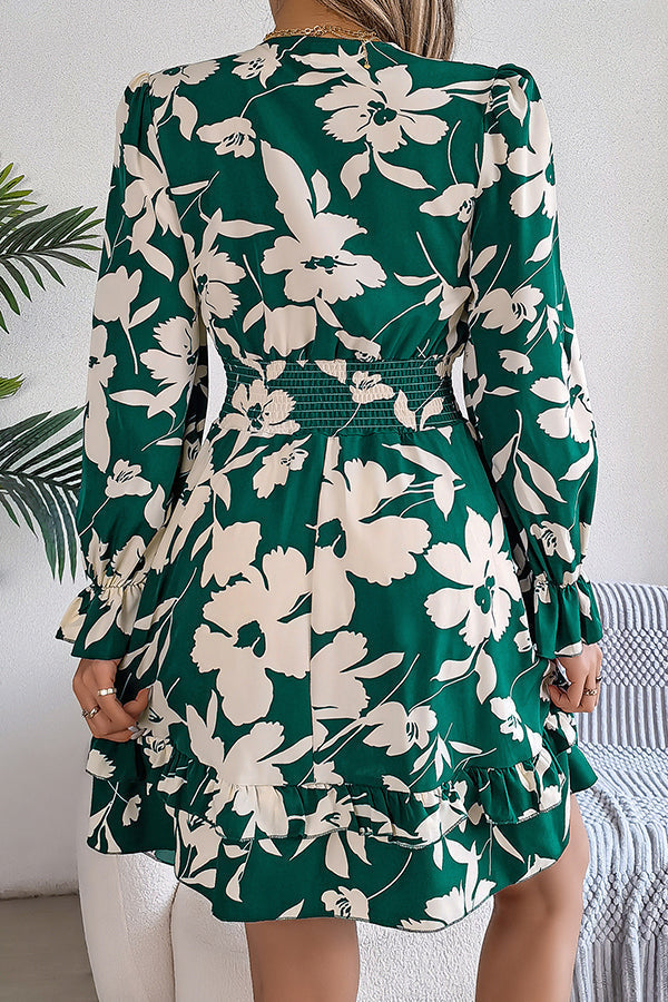 Floral Print Tie Front Deep V-Neck Smocked Waist Tiered Ruffle Mini Dress