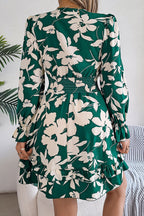Floral Print Tie Front Deep V-Neck Smocked Waist Tiered Ruffle Mini Dress