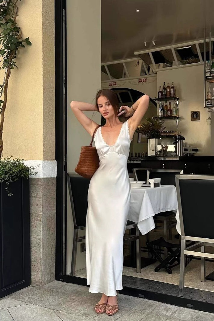 Satin Lace Trim Deep V-Neck Empire Waist Slip Midi Dress