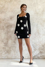 Floral Appliqué Square Neck Long Sleeve Bodycon Mini Dress