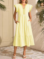 Striped Notched Ruffle Sleeve Dress