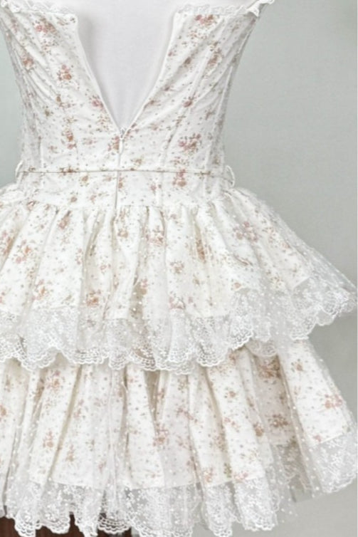 Apricot Square Neck Lace Trim Swiss Dot Tiered Belted Mini Dress