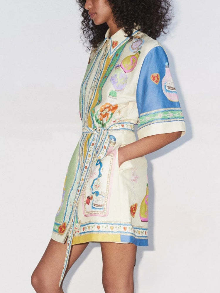 Scarf Panel Collar Button Front Tie Waist Shirt Mini Dress