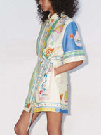Scarf Panel Collar Button Front Tie Waist Shirt Mini Dress