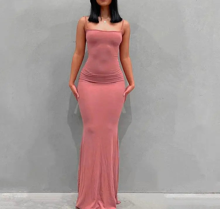 Knit Scoop Neck Spaghetti Strap Bodycon Maxi Slip Dress