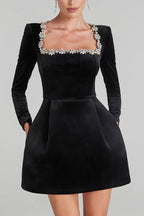 Velvet Square Neck Rhinestone Trim Long Sleeve Pocket A-Line Mini Dress