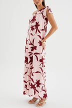 Botanical Print Sleeveless One-shoulder Tie-up Casual Vacation Maxi Dress