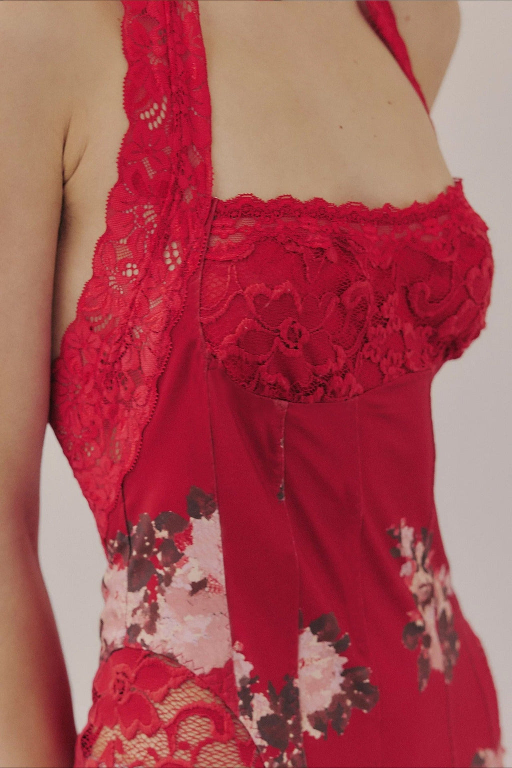 Floral Print Lace Panel Halter Neck High Split Maxi Dress