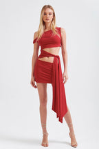 Asymmetric Neck Cutout Tie Front Fitted Bodycon Mini Dress