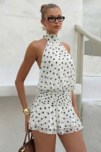 White Halter Mock Neck Shirred Waist Tiered Polka Dot Mini Dress