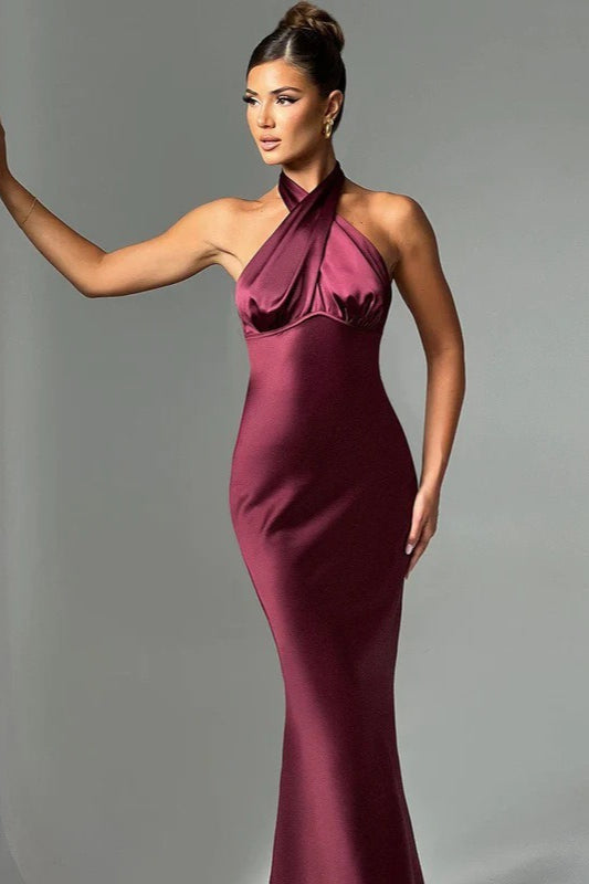 Satin Crossover Halter Gathered Bust Column Maxi Gown