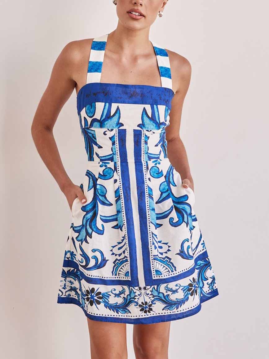 Majolica Tile Print Square Neck Wide Strap Fit and Flare Pocket Mini Dress