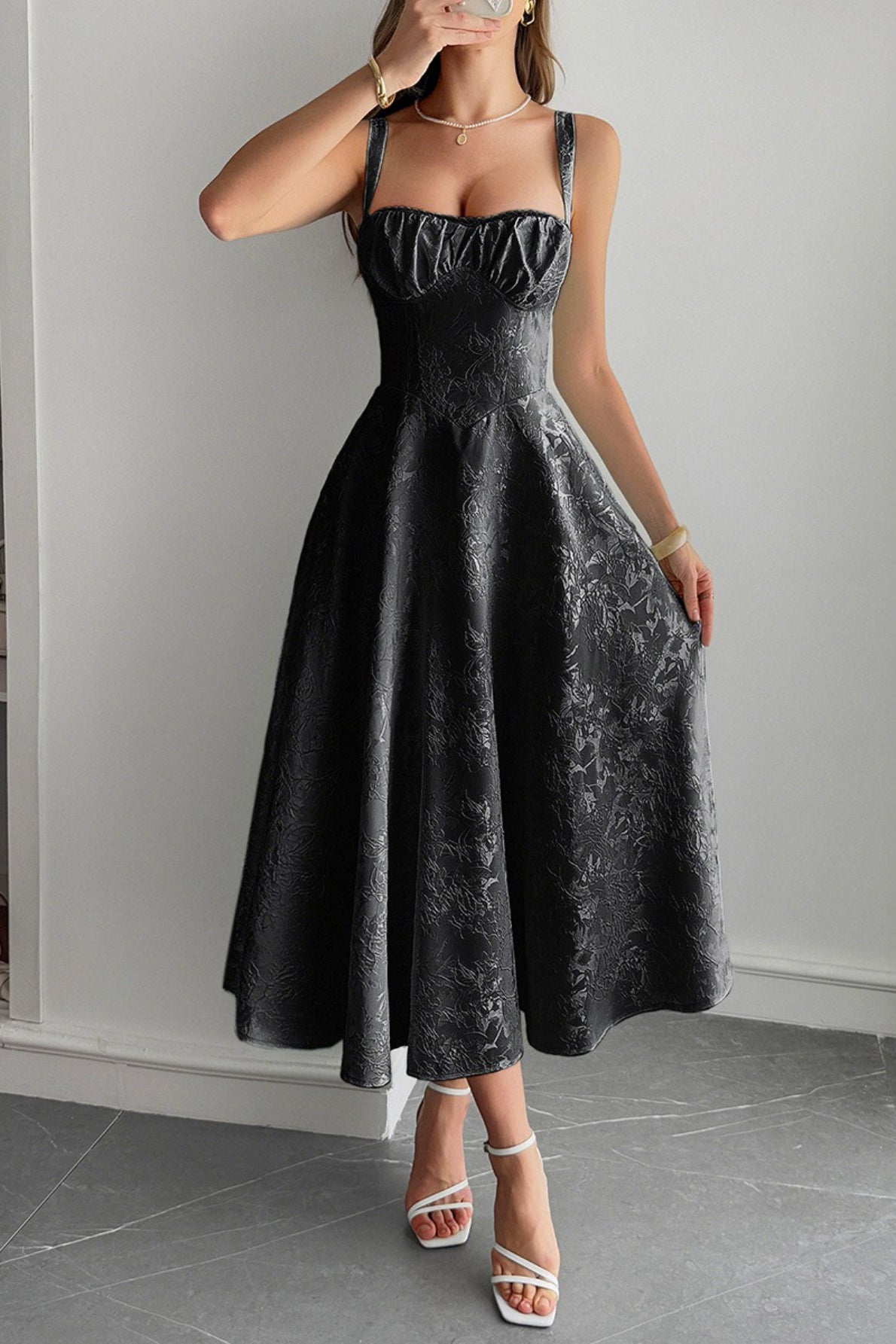 Jacquard Floral Bustier Lace Trim Pointed Waist Fit and Flare Midi Dress