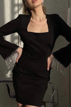 Rhinestone Fringe Bell Sleeve Arched Back Cutout Mini Dress
