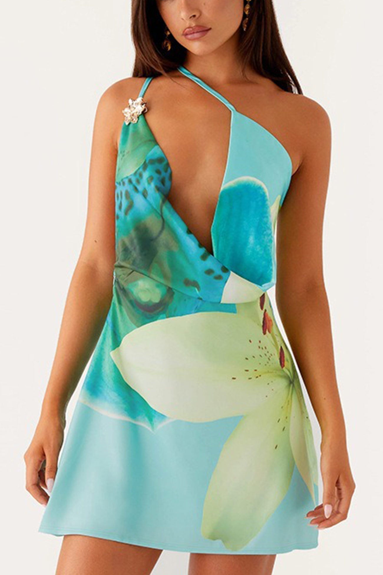 Abstract Print Satin Asymmetrical One Shoulder Draped Cowl Neck Mini Dress