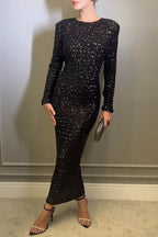 Linda Aesthetic Solid Color Sequin Bow O Neck Evening Dresses Premium Wardrobe Essential