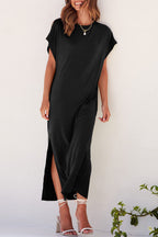 Daily Simplicity Solid Slit O Neck Short Sleeve Dress Dresses