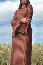 Street Solid Patchwork Pleated O Neck Long Dress Dresses