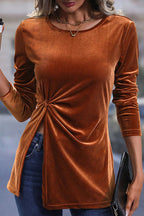 Elegant Solid Slit Asymmetrical O Neck Tops