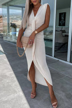 Sexy Simplicity Solid Fold V Neck Irregular Dress Dresses