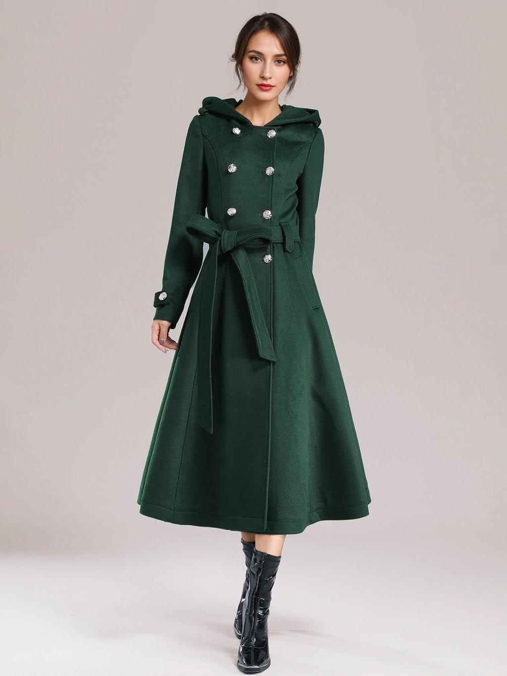 Double-breasted Woolen Coat With Hood Burgundy Belted Winter Long Outerwear For Women 2026