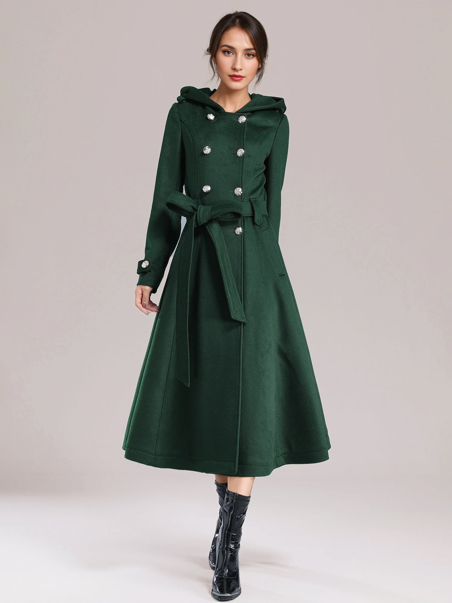 Double-breasted Woolen Coat With Hood Burgundy Belted Winter Long Outerwear For Women 2026