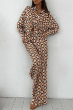 Casual Geometric Print Buttons Turndown Collar Long Sleeve Two Pieces