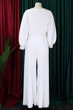 Elegant Solid Patchwork Pleated O Neck Plus Size Two Pieces(4 Colors)