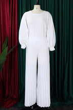 Elegant Solid Patchwork Pleated O Neck Plus Size Two Pieces(4 Colors)