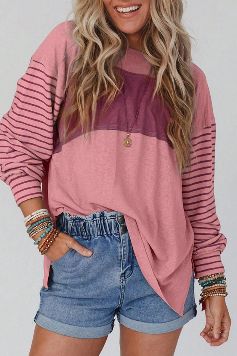 Casual Color Block Contrast O Neck Tops
