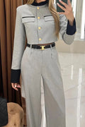 British Style Elegant Solid Pocket Buttons Without Belt O Neck Long Sleeve Two Piecesï¼_o Beltï¼
