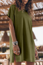 Casual Simplicity Solid Slit O Neck Short Sleeve Dress Dresses