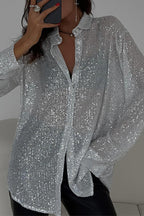 Sexy Solid See-through Sequined Turndown Collar Tops