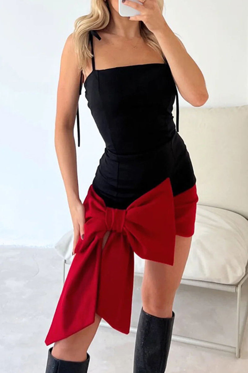 Sexy Formal Solid Frenulum With Bow Square Collar Sling Dress Dresses