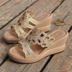 Casual Hollowed Out Patchwork Rhinestone Fish Mouth Out Door Wedges Shoes (Heel Height 3.15in)