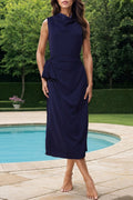 Celebrities Elegant Solid Bandage Slit Scarf Collar Sleeveless Dress Dresses