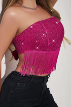Sexy Solid Tassel Sequins With Bow Strapless Tops