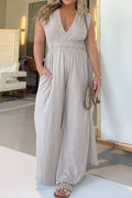 Casual Simplicity Solid Pocket V Neck Loose Jumpsuits