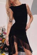 Sexy Solid Backless Flounce O Neck Irregular Dress Dresses