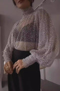 Sexy Solid See-through Sequined Turtleneck Tops