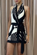 Sexy Simplicity Geometric Print Bandage Backless Halter Sleeveless Dress Dresses