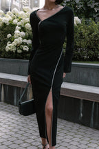Casual Celebrities Solid Zipper Oblique Collar Wrapped Skirt Dresses
