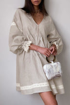 Casual Solid Patchwork Buckle V Neck Long Sleeve Dresses