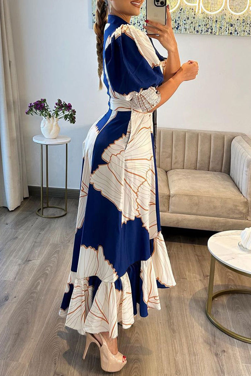 Matilda Minimalist Casual Printed Asymmetrical Long Dresses with Turn Down Collars Boutique Collection