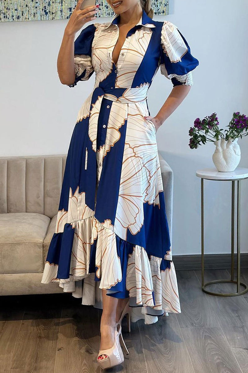 Matilda Minimalist Casual Printed Asymmetrical Long Dresses with Turn Down Collars Boutique Collection