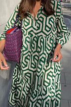 Casual Vintage Geometric Print Buckle Turndown Collar Shirt Dress Dresses