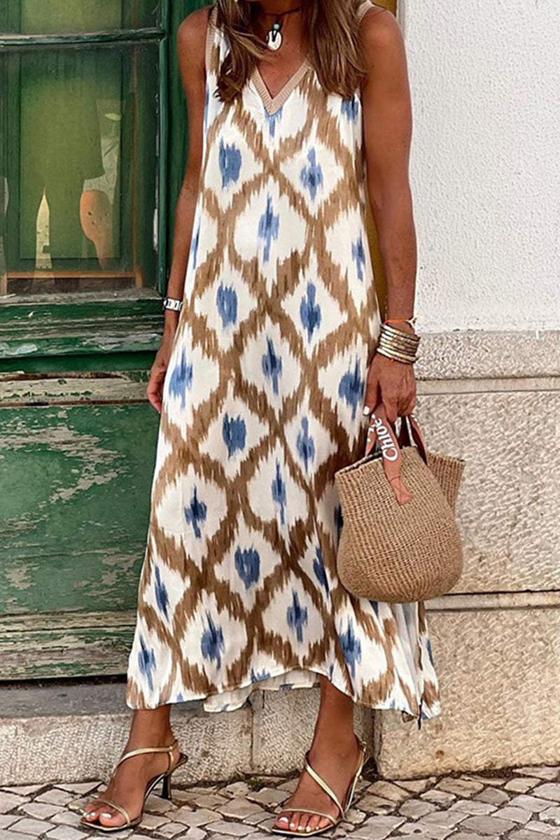 Guadalupe Minimalist Casual Sling Dresses with Geometric Print and Patchwork V Neck Everyday Luxe Edit