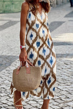 Guadalupe Minimalist Casual Sling Dresses with Geometric Print and Patchwork V Neck Everyday Luxe Edit